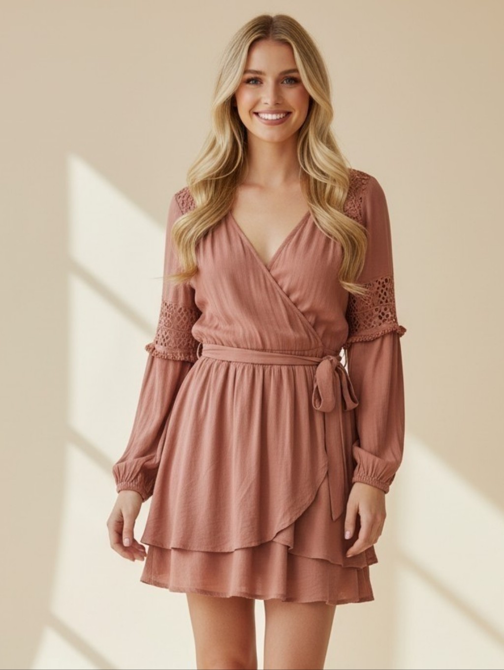 Vestique Bohemian Mini Dress Crinkle Gauze Sz S Tiered Taupe Boho Beach Layered